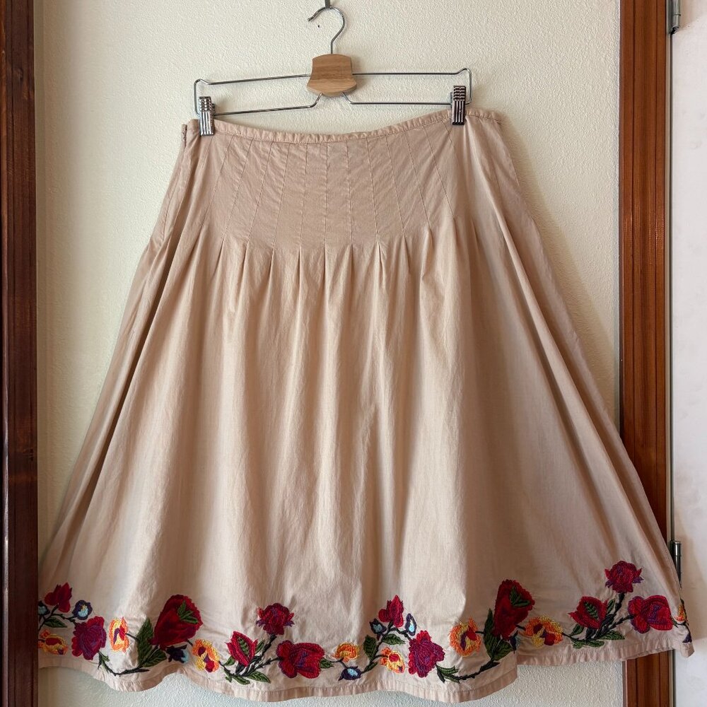 100% Cotton A-Line Pleated Midi Skirt Floral Embroidery Fall Cottagecore Size 14